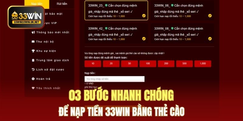 03 bước nhanh chóng để nạp tiền 33WIN bằng thẻ cào