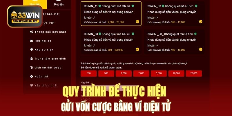 Quy trình để thực hiện gửi vốn cược bằng ví điện tử